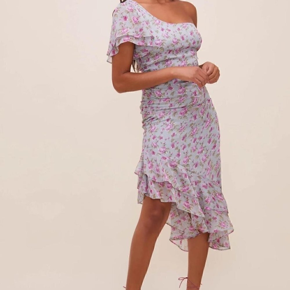 ASTR The Label Lisa Floral One Shoulder Asymmetrical Midi Dress In Blue Lavender